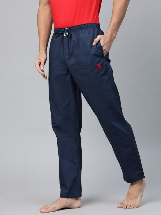 Men Navy Blue Solid Pure Cotton Lounge Pants