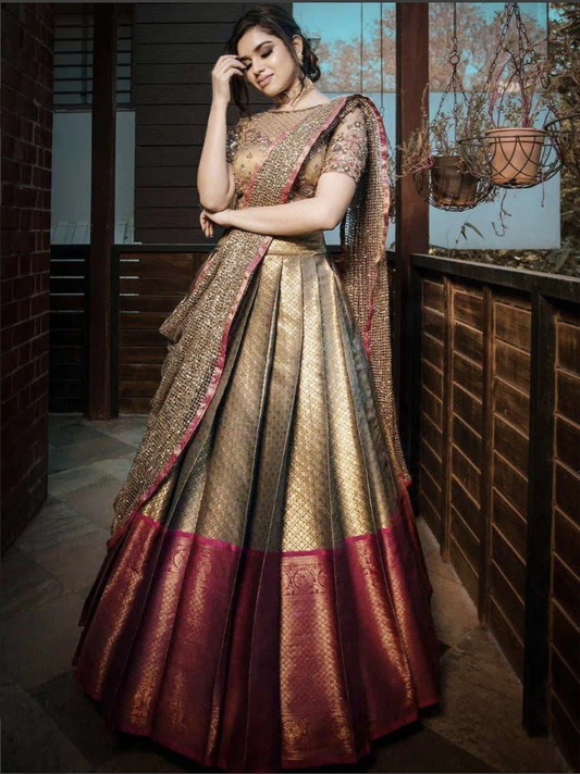 Brown Sequins Jacquard Party Wear Half Saree Lehenga