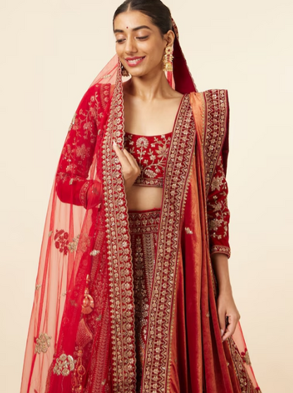 Embroidered Velvet Semi-Stitched Lehenga & Unstitched Blouse With Dupatta & Belt