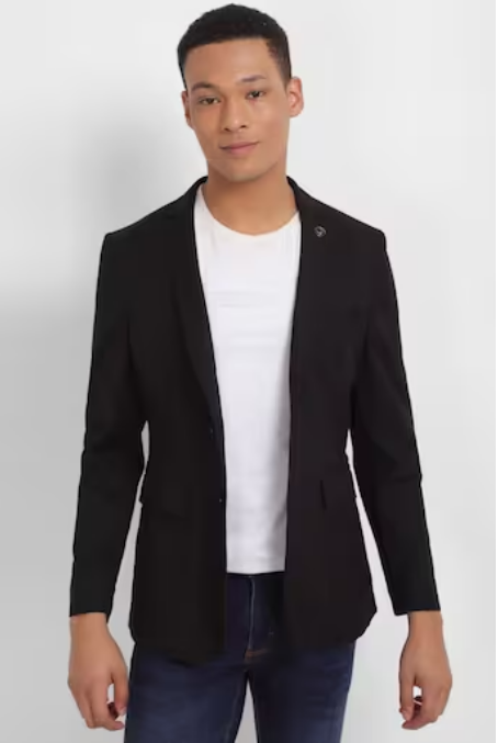 Men Black Slim Fit Textured Casual Blazer