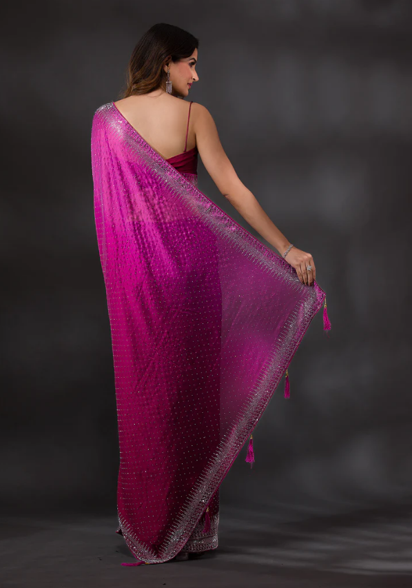 Ombre Wine Stonework Satin Designer Saree