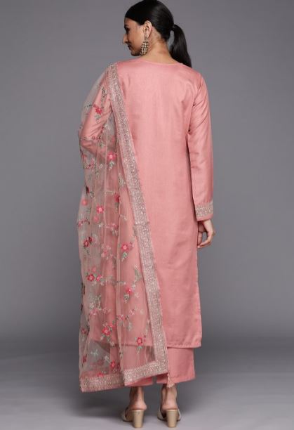 Women Peach Self Design Silk Blend Straight Kurta With Dupatta