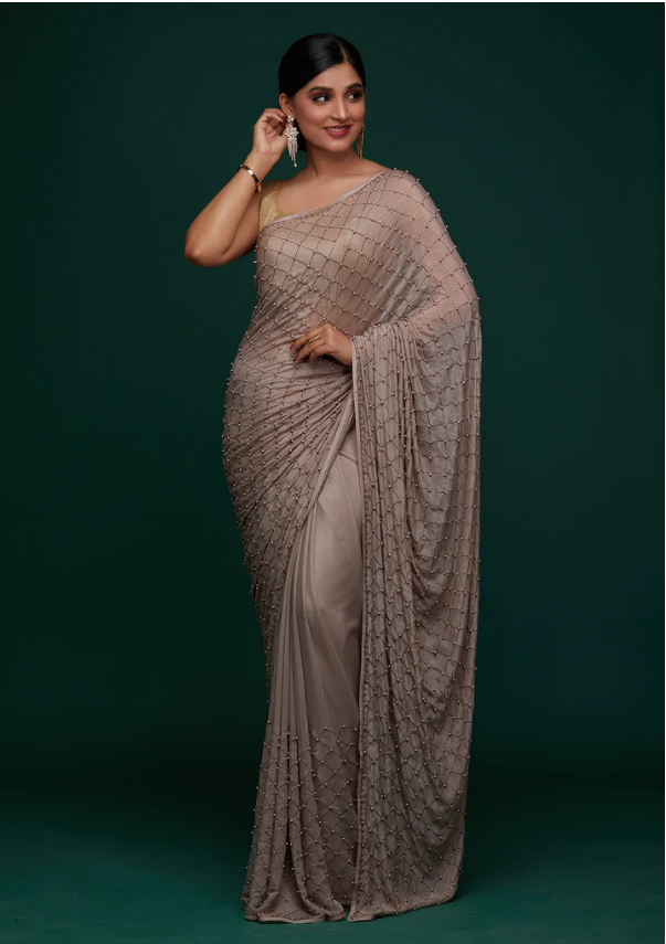 Mauve Work Semi Crepe Designer Saree