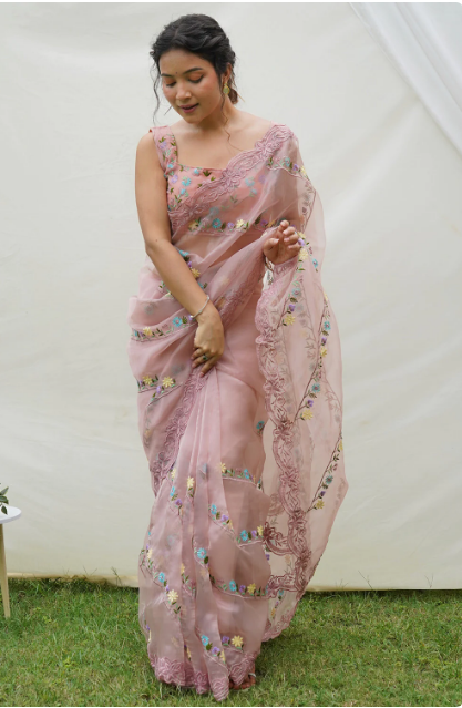 Peach Organza Saree With Blouse Piece