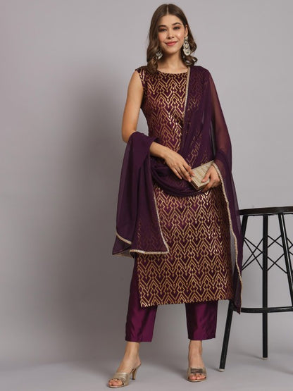 Geometric Woven Design Regular Kurta With Trousers & Dupatta