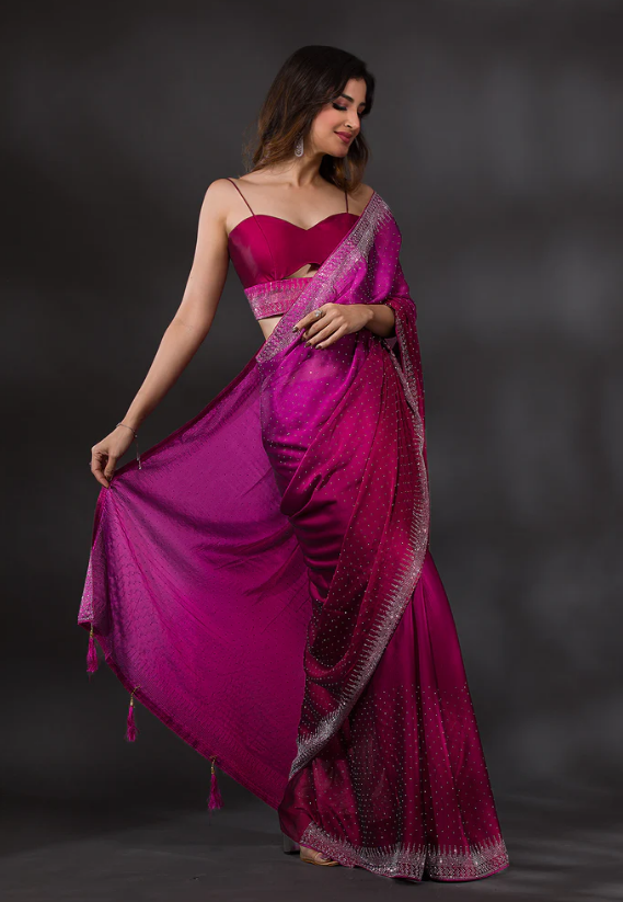 Ombre Wine Stonework Satin Designer Saree