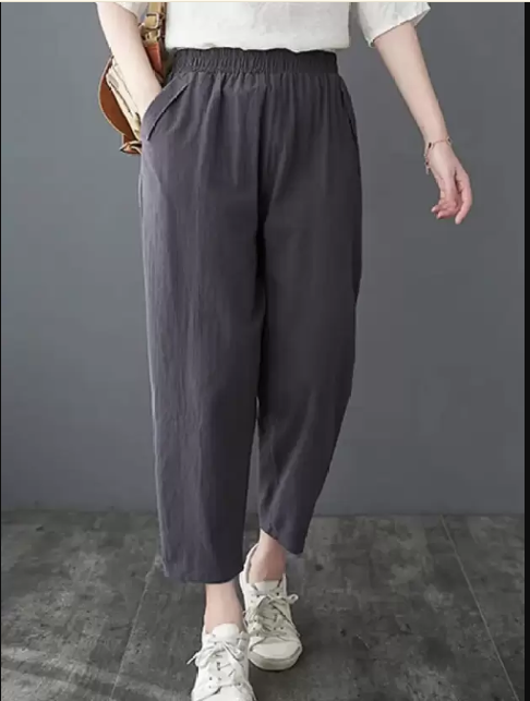 Women Relaxed Grey Linen Blend Trousers