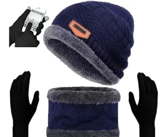 Unisex Winter Wear Wool Beanie Cap Muffler Scarf and Gloves Combo Set (Any Random Color)