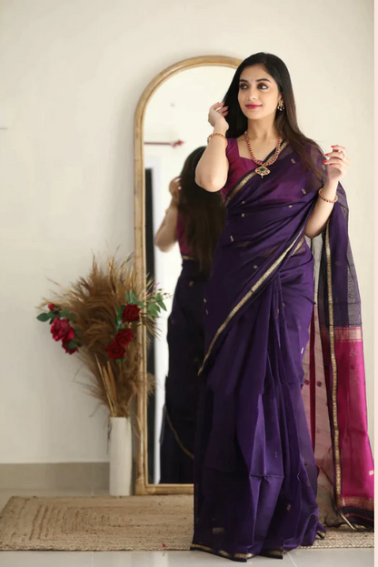 Flattering Purple Cotton Silk Saree With Extraordinary Blouse Piece