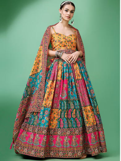 Ethnic Motifs Printed Silk Semi-Stitched Lehenga & Unstitched Blouse With Dupatta