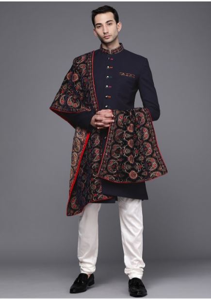 Men Navy Blue & White Printed Sherwani Set with Dupatta