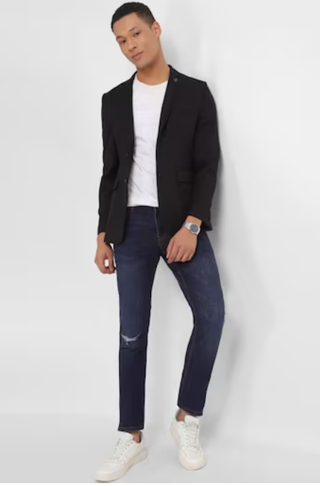 Men Black Slim Fit Textured Casual Blazer