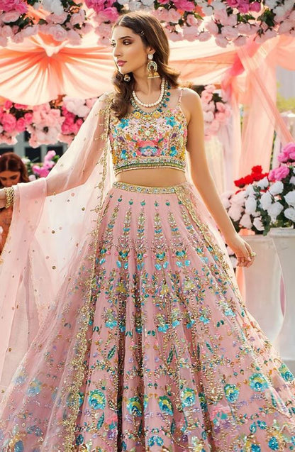 Women Attractive Heavy Embroidery Work Pink Color Lehenga Choli