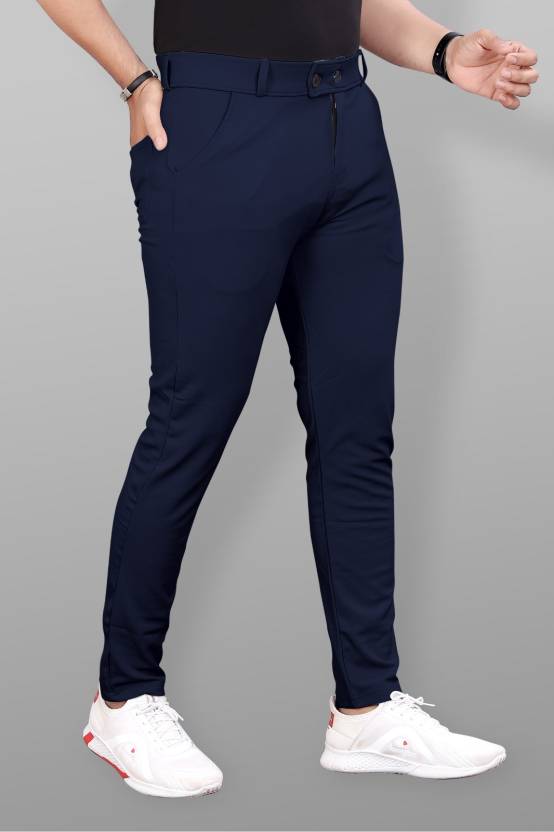 Men Slim Fit Blue Lycra Blend Trousers