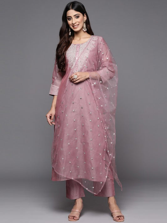 Floral Zari Embroidered Chanderi Silk Kurta With Trouser & Sequined Dupatta