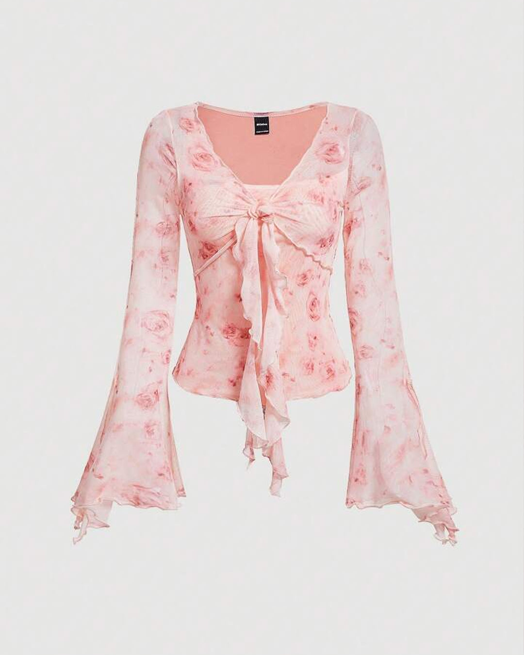 V Neck Front Knot Floral Print Flare Long Sleeve