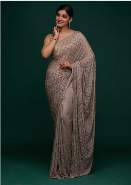 Mauve Work Semi Crepe Designer Saree