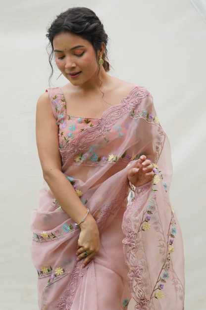 Peach Organza Saree With Blouse Piece