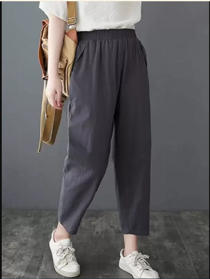 Women Relaxed Grey Linen Blend Trousers