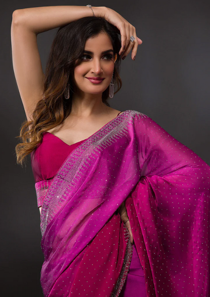 Ombre Wine Stonework Satin Designer Saree