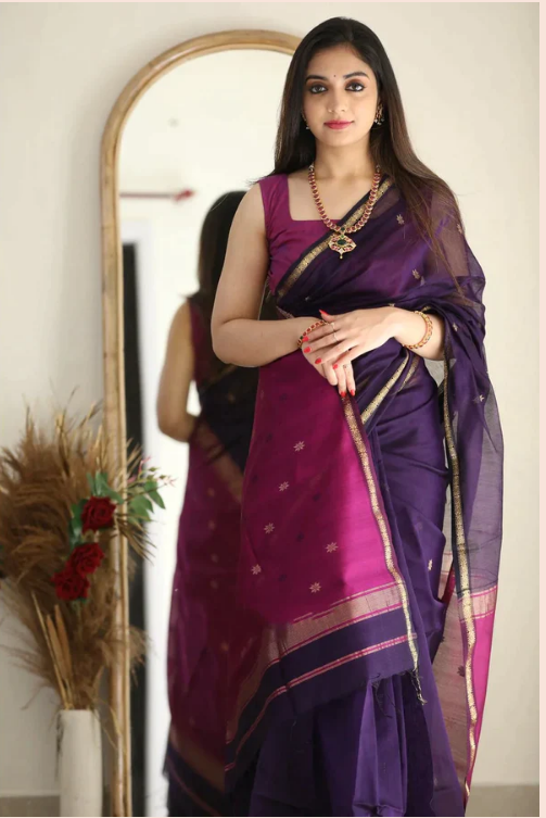 Flattering Purple Cotton Silk Saree With Extraordinary Blouse Piece