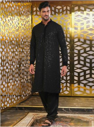 Men Cotton Embroidered Sequined Kurta with Pyjamas