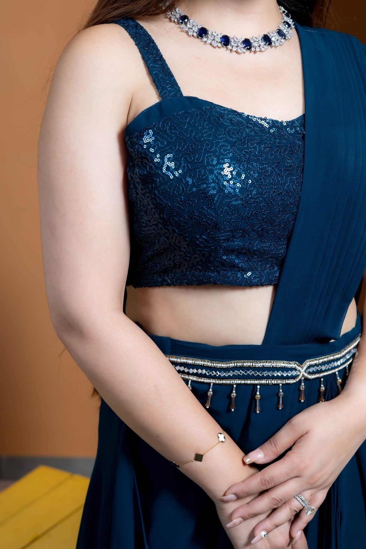 Blue Drape Saree With Belt