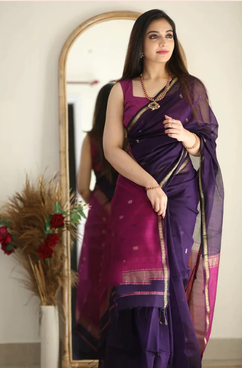 Flattering Purple Cotton Silk Saree With Extraordinary Blouse Piece