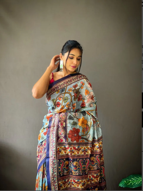 Sky Blue Cotton Kalamkari Saree For Women