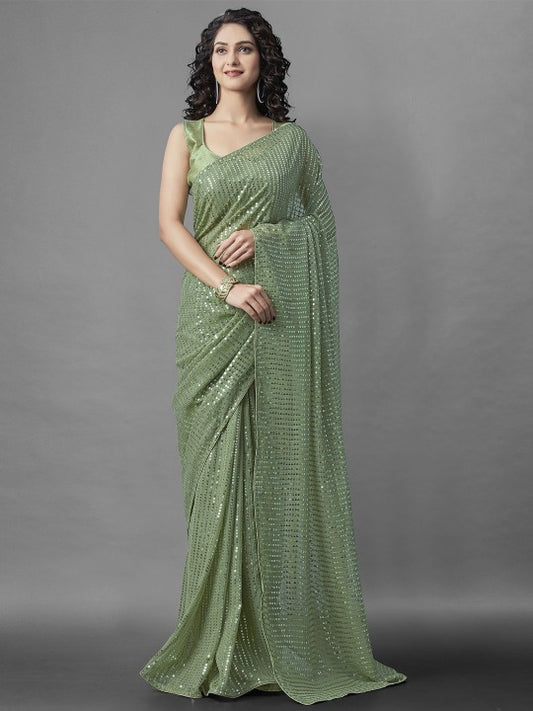 Vruta Fashion Shimmer Georgette Saree With Lace Border and Sequence Work