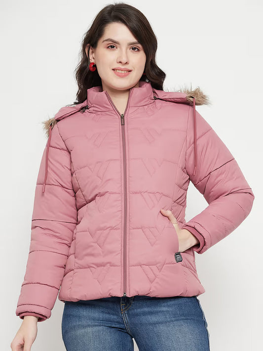 Women Winter wear Mauve Solid Full Sleeves Hooded Jacket