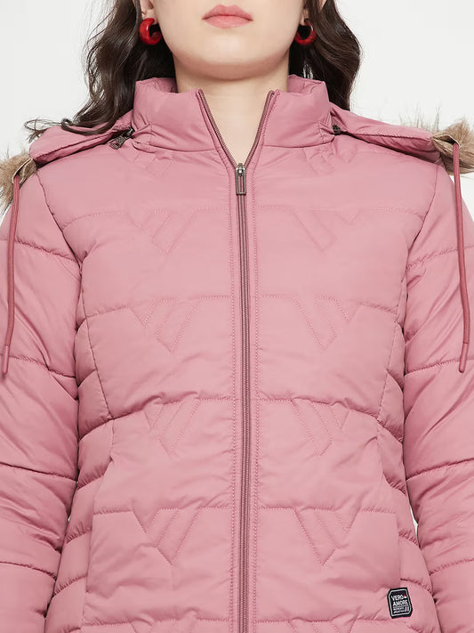 Women Winter wear Mauve Solid Full Sleeves Hooded Jacket