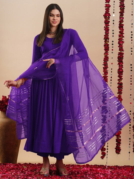 Scoop Neck Anarkali Kurta With Trousers & Dupatta