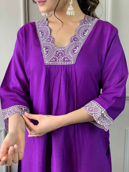 Floral Embroidered V-Neck Straight Kurta with Trousers & Dupatta