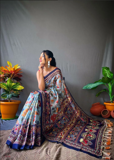 Sky Blue Cotton Kalamkari Saree For Women