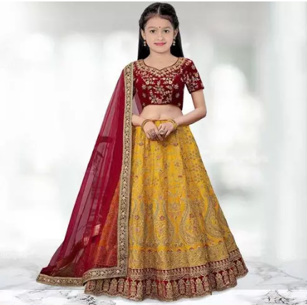 Vidhya Enterprise Palak Yellow Lahenga Choli with Dupatta Velvet Floral Print Semi Stitched Wedding Bridal Latest Lehenga Choli Set For Women, Free