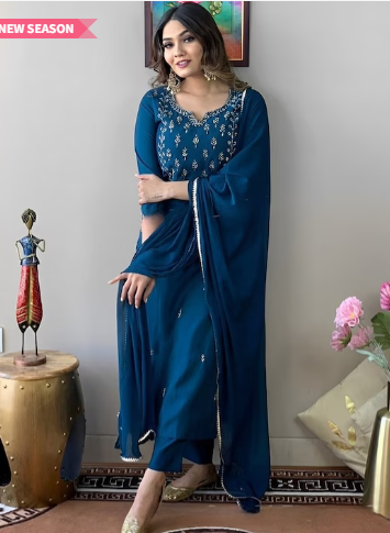 Ethnic Motifs Embroidered Thread Work Detail Straight Kurta & Trousers With Dupatta