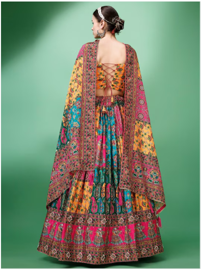 Ethnic Motifs Printed Silk Semi-Stitched Lehenga & Unstitched Blouse With Dupatta