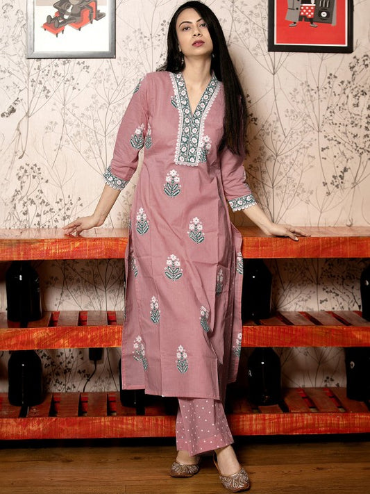 Floral Printed V-Neck Straight Kurta With Palazzos And Dupatta