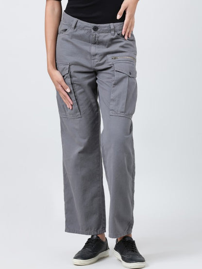 Women Straight Fit Cargo Trouser with Zipper Detail