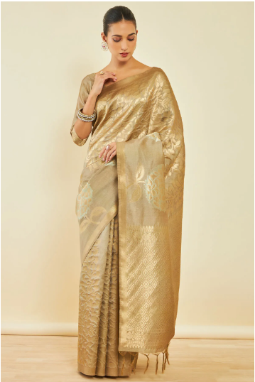 Beige Tussar Silk Saree With Zari Woven Floral And Foliage Designs