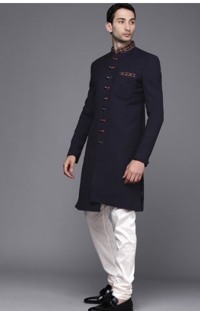 Men Navy Blue & White Printed Sherwani Set with Dupatta