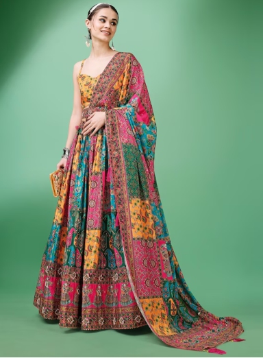 Ethnic Motifs Printed Silk Semi-Stitched Lehenga & Unstitched Blouse With Dupatta