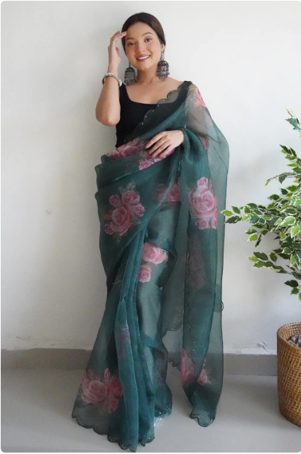 Hunter Green Organza Saree