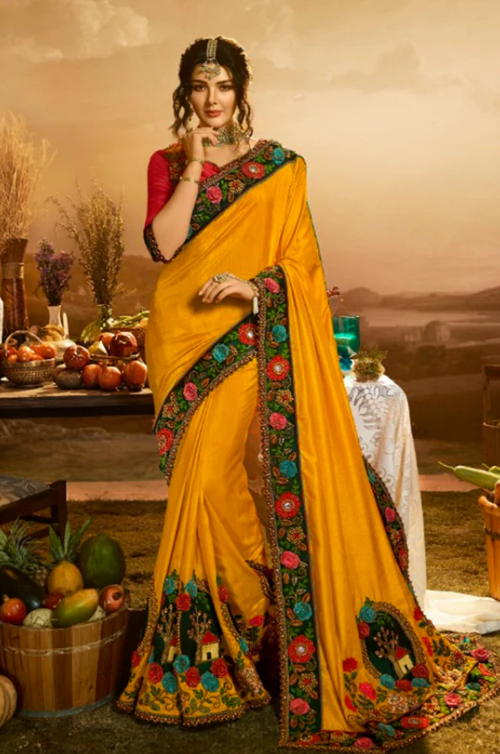 MUSTARD YELLOW COLOR FANCY EMBROIDERY WORK HEAVY FESTIVE WEAR SAREE WITH RED BLOUSE