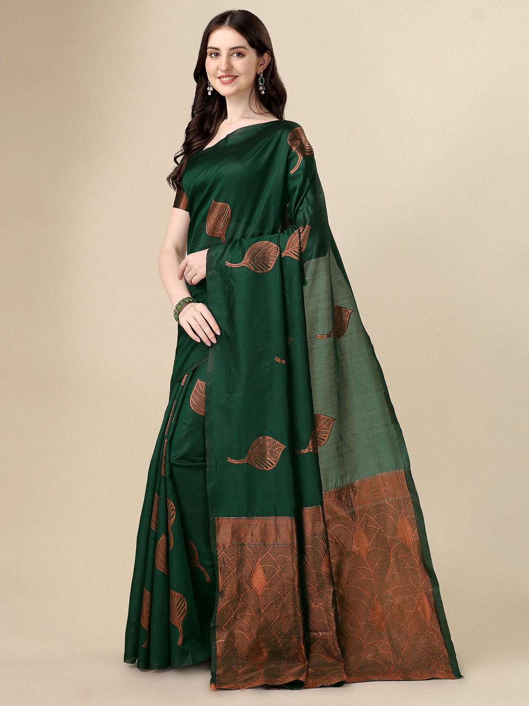 Leaf Printed Jacquard Green Saree