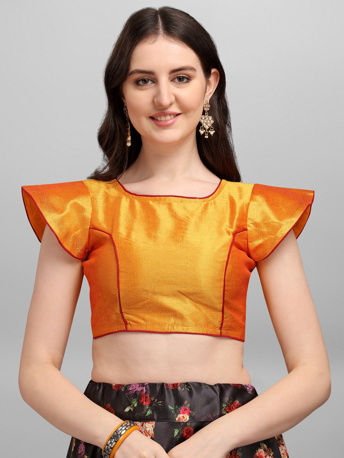 Black and Orange Silk Lehenga with Floral Print