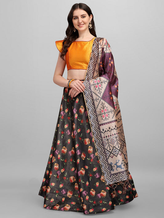 Black and Orange Silk Lehenga with Floral Print