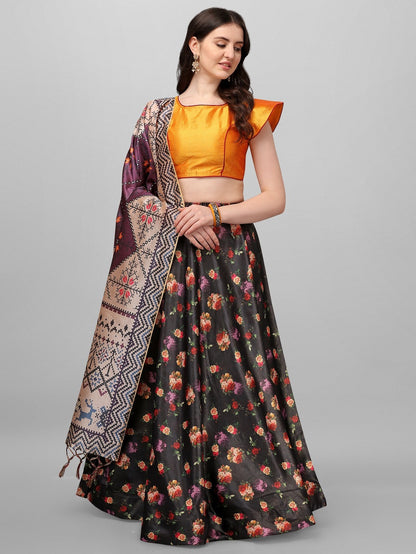 Black and Orange Silk Lehenga with Floral Print