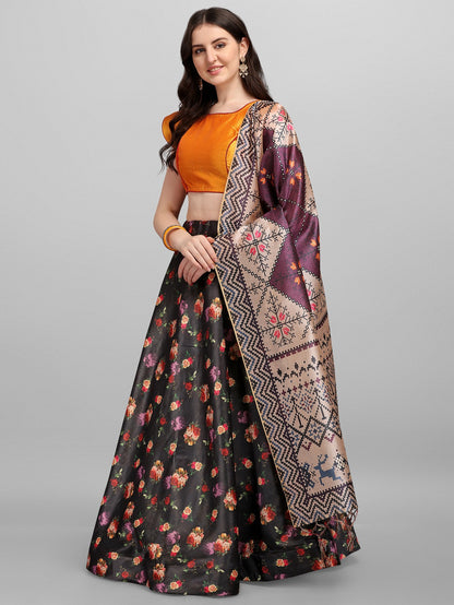 Black and Orange Silk Lehenga with Floral Print